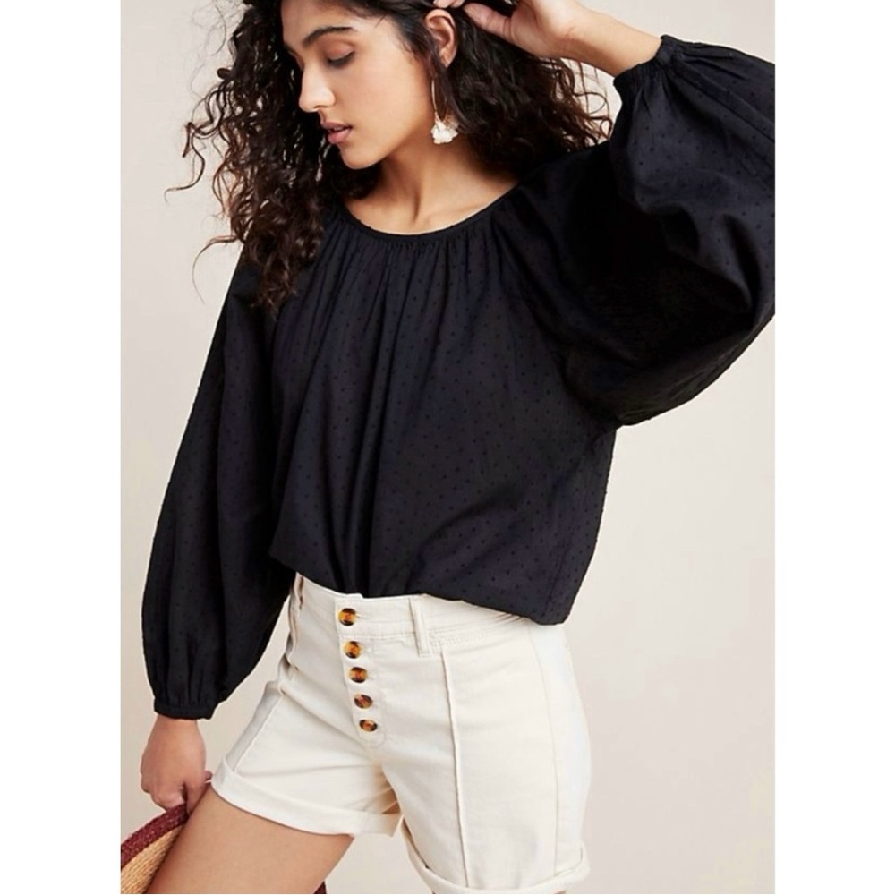 Anthropologie Maeve Lake House Swiss Dot Long Puff‎ Sleeve Blouse in Black